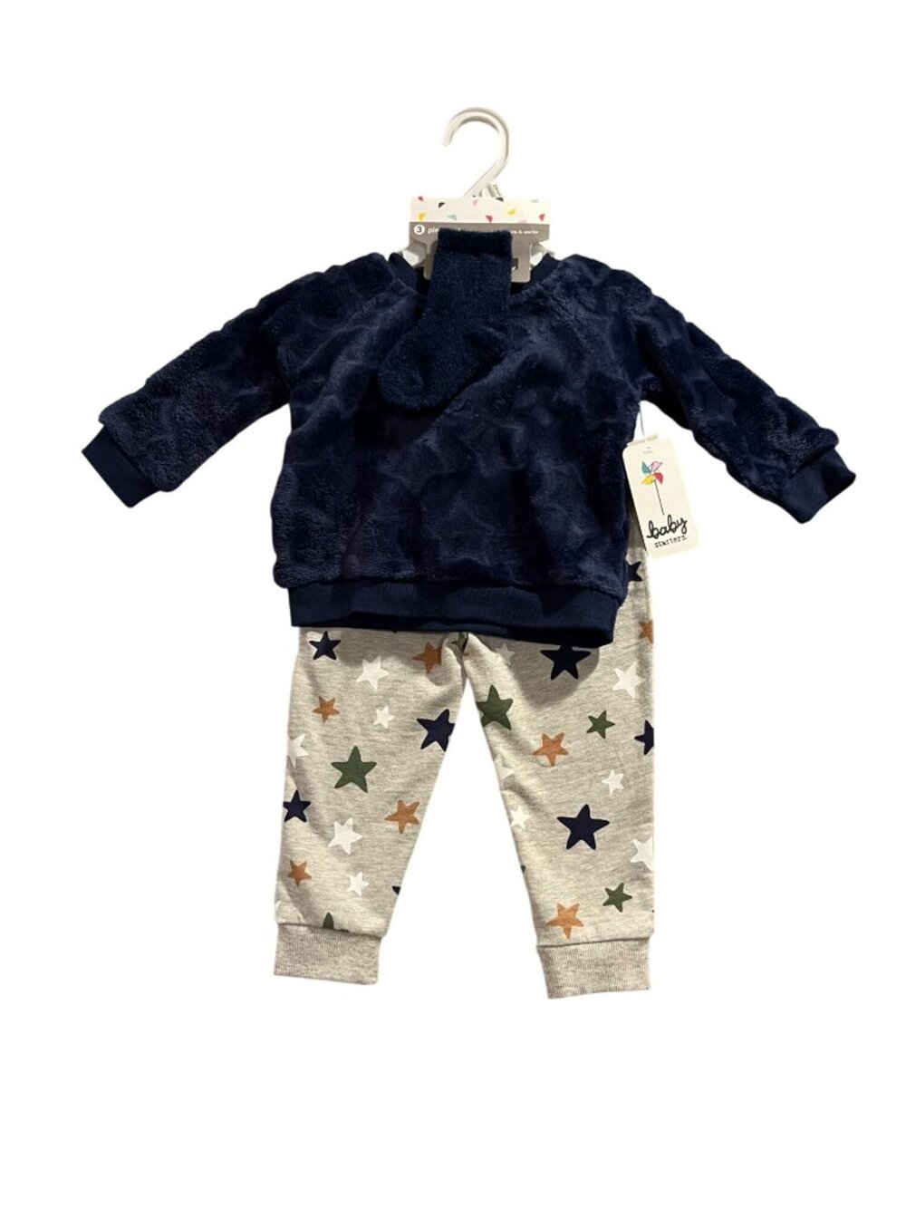 NWT Baby Starters Size 12 Month 3-Piece Set Sweatshirt Pants Socks Navy Stars